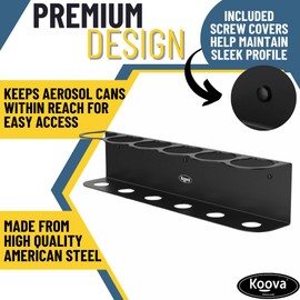 Koova 6 Aerosol Spray Can Holder | Easy Install Wall Mount | Heavy-Duty Powder Coated Steel Storage Rack for Garage & Home | Craft Workspace Paint Bottle Organizer | Hardware Included | USA Made