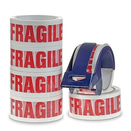 Fragile Tape & Dispenser | 6 Rolls 48mm x 50m Fragile Packing Tape Heavy Duty | Fragile Tape For Packing Boxes | Strong Parcel Tape For Moving with 'Fragile' Print | Easily Seals Parcels & Boxes