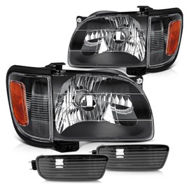 Hawjig Headlights Assembly for Toyota for Tacoma DLX 01-03 & Base/Pre Runner/S-Runner 01-04 Black Front Headlamps + Bumper Light Lens and Housing Sealed Smooth Reflector Clear Halogen
