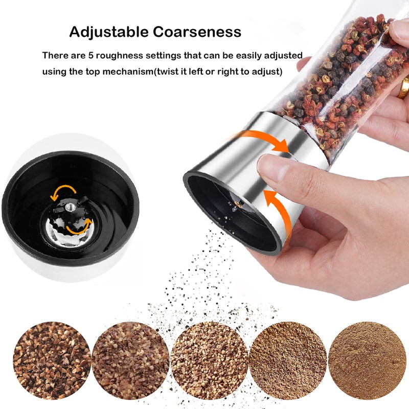 Salt and Pepper Grinder Set, Black Pepper Mill Refillable and