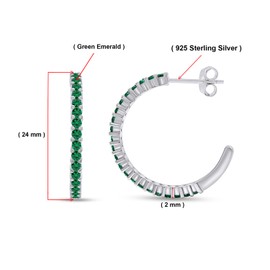 AFFY Round Simulated Green Emerald Single Row Hoop Earrings For Women In 14K Gold Over Sterling Silver With Push Back Jewelry For Women, Metal, Emerald
