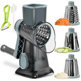 ERGONOW Rotary Cheese Grater Rotary Handheld with 3 Interchangeable Blades, Handheld Vegetable Slicer, Vegetable Chopper for Nuts, Fresh Cheese, and Vegetables, Upgraded Union Body Design (Blue)