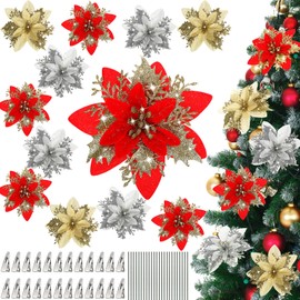 Cindeer 24 Pcs Christmas Flowers Decorations Glitter Artificial Poinsettia Flower Xmas Tree Ornament with Clips and Stems Poinsettia Christmas Decorations for Wedding Party Wreath, Red, Golden, Silver