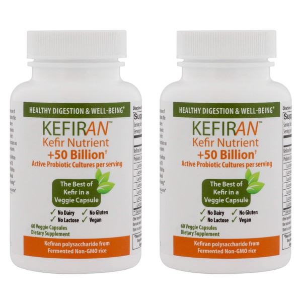 Lane Innovative - Kefiran, Kefir Nutrient + 50 Billion Active Probiotic Cultures, Supports Optimal Digestive Health (60 Veggie Caps) | 2-Pack
