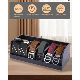 CLBDRESS Belt Organizer, 6 Compartments Belt Organizer for Closet, Bamboo Belt Box for Drawer, Belt Holder for Men, Belt Display Case for Ties and Watches, Gift for Husband, Family, and Friends, Black
