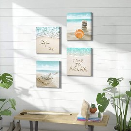 Seashore Artwork Painting Wall Art: Drift Bottle & Seashells on The Beach Pictures Canvas Print for Bathroom (12'' x 12'' x 4 Panels)