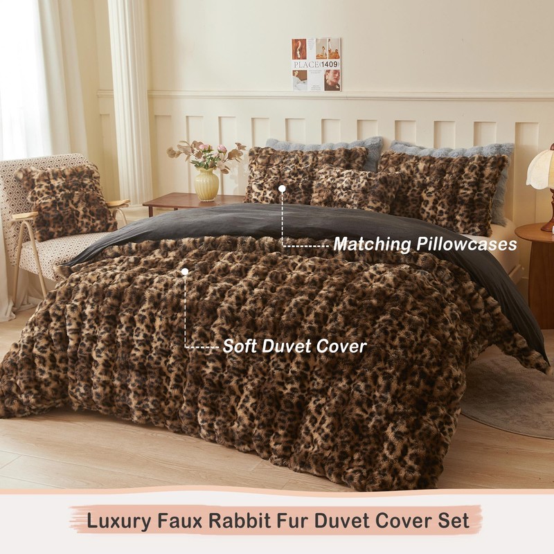 LIFEREVO Cheetah Print Soft Faux Rabbit Fur Duvet Cover Set