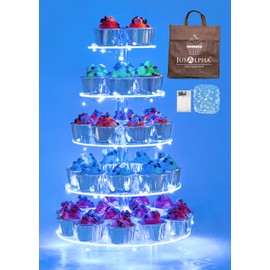 Jusalpha 5 Tier Round Cupcake Stand with Light– Premium Cupcake Holder – Acrylic Cupcake Tower with LED Light – Ideal for Weddings Birthday Parties, Candy Bar Decor 5RFs (5 Tier- Battery Power, Blue)…