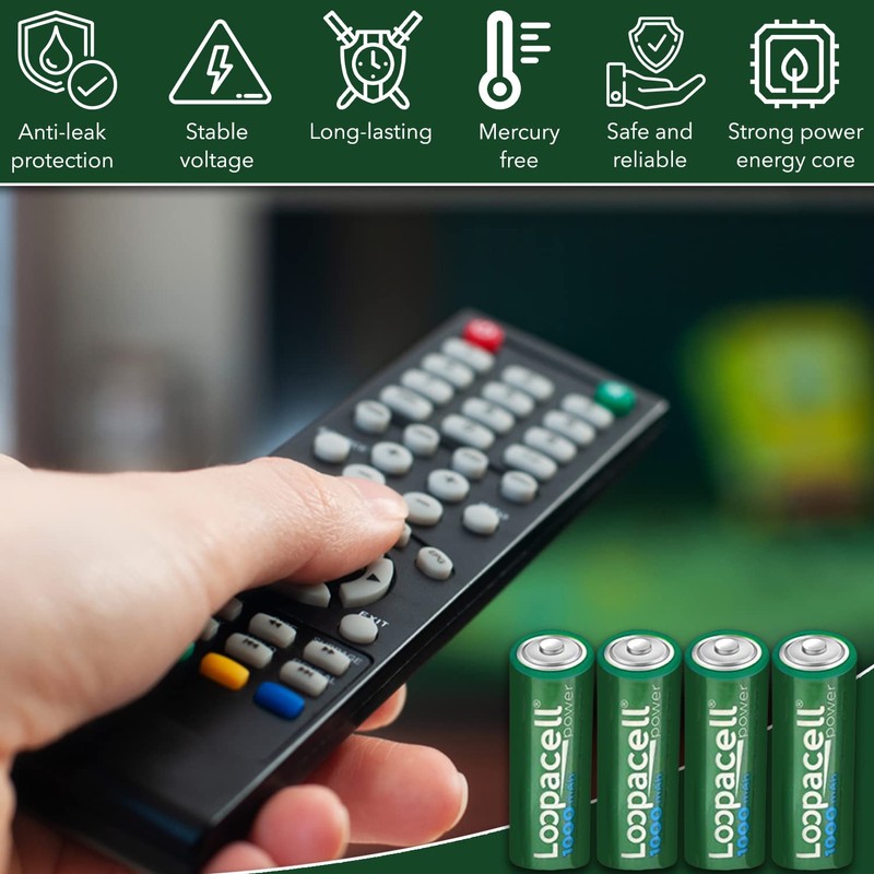 4 Loopacell AA Rechargeable NiCD Battery, 1.2V 1000mAh High Capacity