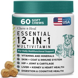 Dog Multivitamin Chewable - Chew + Heal 12-in-1, 60 Ct, All Breeds Dog Vitamins & Supplements for Hip & Joint, Skin, Coat, Immune Support with Glucosamine, Omega 3,6,9, Probiotics, Chicken Flavor