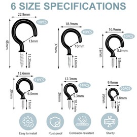 vsshe 75PCS 6 Size Set Cup Hooks Screw, Black Plastic Metal Ceiling Hooks Multi-Purpose Hooks for Hanging Plants, Cups, Tableware, Wood, Under Cabinets, Cabinet Shelves and Kitchen Utensils
