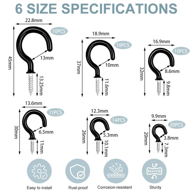 vsshe 75PCS 6 Size Set Cup Hooks Screw, Black Plastic