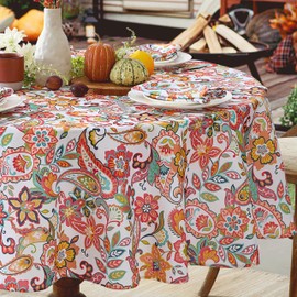 Newbridge Round Fabric Tablecloth, Bohemian Coral Paisley, 70 Inch, Stain and Water Resistant Heavy Weight Summer Table Cover, Boho Chic Multicolor Floral