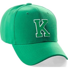 Daxton Classic Baseball Hat Custom A to Z Initial Team White Green Letter, Kelly Cap Letter K