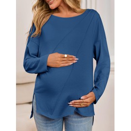 Tankaneo Womens Maternity Shirts Casual Crew Neck Long Sleeve Side Split Pregnancy Clothes Loose Fit Tunic Tops Navy