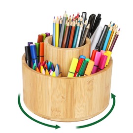 Cinnani Bamboo Desk Organiser, 360° Rotating Pen Holder, Wood, Large Capacity Pen Holder, Children, Pen Organiser with 9 Large Compartments, for Office, School, Art Studio, Home (Wood Colour)