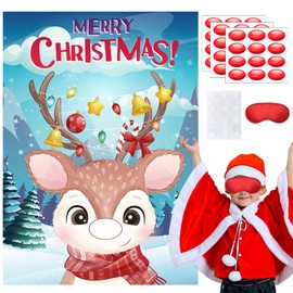 Pin The Nose On The Deer Christmas Game, 7pcs Pin The Nose On The Reindeer Game Christmas Reindeer Poster Games for Christmas Party Decorations Favor