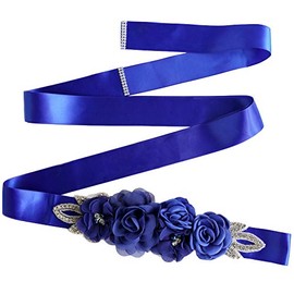 Lauthen.S Sash Belt with Flowers Pearls Rhinestone for Wedding Bride/Baby Shower Dress (One Size, Royal Blue)