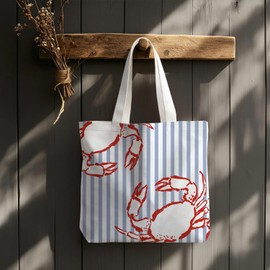 VIIJJUE Crab Striped Tote Bag,Crab Gifts,Summer Reusable Grocery Bags Shopping Bags
