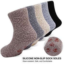 QKURT 5 Pairs Non Slip Baby Fluffy Socks, Coral Fleece Kids' Socks Toddler Bed Socks Slipper Socks Plush Winter Socks with Anti-Slip Grips for Boys and Girls, Age 0-5