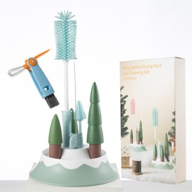 Chemimoso Baby Bottle Drying Rack and Cleaning Set, with Straight Silicone Baby Bottle Brush with Stand, Pacifier Brush, Straw Brush, Tiny Cup Lid Gap Cleaning Brush, Suit for Bottles, Cups, Z Blue