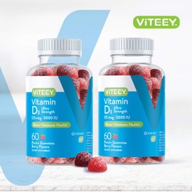 Viteey Vitamin D3 Gummies for Adults & Teens - 5,000 IU, 125mcg, Ultra Strength - Joint & Muscle Health, Immune Boost - Chewable Vitamin D Gummies - Vegetarian, Gelatin Free - Tasty Berry Flavored