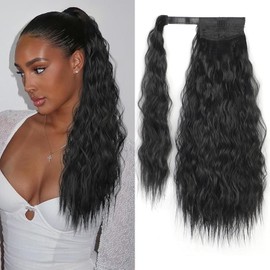 Stamped Glorious Long Corn Wave Ponytail Extension Magic Paste Heat Resistant Wavy Synthetic Wrap Around Ponytail Black Hairpiece for Women(18 inch-Black)