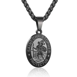 P. BLAKE Saint Christopher Medal Necklace for Men Teen Boys, Black St Christopher Pendant Chain Catholic Religious Jewelry First Communion Confirmation Baptism Gifts Teenage Him Age