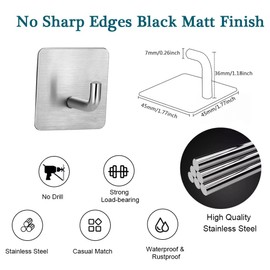 EDMILE Adhesive Towel Hooks, 8 Pack Self Adhesive Coat Hooks Sticky Hooks for Hanging, Stainless Steel Stick on Wall Hat Hook, Bathrooms Kitchen Livingroom Garage, Silver