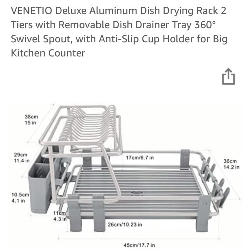 VENETIO Deluxe Aluminum Dish Drying Rack 2 Tiers with Removable
