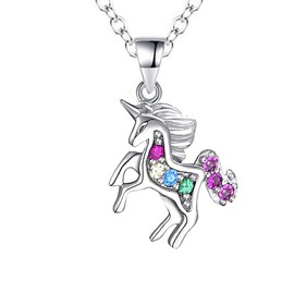 Kaguyo Silver Necklace for Women, 925 Sterling Silver Multicolour Zirconia Unicorn Pendant Necklace - Crystal Necklaces for Women Girls Birthday Gifts