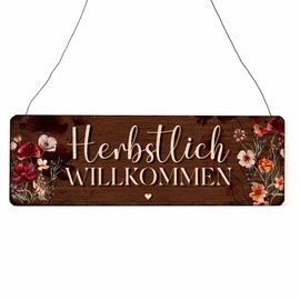 Interluxe Wooden Sign with German Text "Herbstlich Willkommen" - Herbstzauber Autumn Decorative Sign Door Sign Visit Guests Flowers Country House