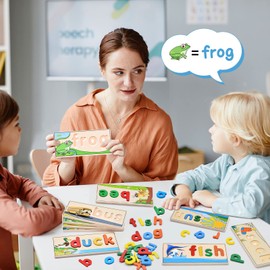 Atoylink Wooden Spell Learning Toys for 2 3 4 5 Year Old Kids Match Letter Spelling Game Board & Letters & Box, CVC Word Builder Toddler Educational Toy Kindergarten Preschool Learning Activities