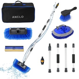 ANCLO 64'' Car Wash Brush with Long Handle, RV Flow-Through Wash Brush with Adjustable Handle, Anti-Scratch Plus Size Soft Car Wash Brush Mop with Hose Attachment Car Wash Kit for SUV RV Truck Boat