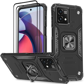 HONG-AMY for Moto G Stylus 5G 2023 Case with 2Pcs Tempered Glass Screen Protector, Military Grade Double Shockproof with Kickstand Case-Black