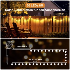 Suright Suright Solar Lichterkette Aussen, Lichterkette Au?en Solar, 8M, 30LED, 8 Modi, IP65 Kristall Kugeln Wasserdicht fr Garten, Balkon Deko, Terrassen, Weihnachten, Hochzeiten, Partys, B?ume, Warmwei?