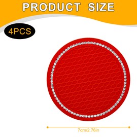 Bojueshaw 4pcs Diamond Studded Car Coasters,Anti-Slip and Heat-Resistant,Circular Design Suitable for Most Car Models,Ideal for Cars and Travel(Red)