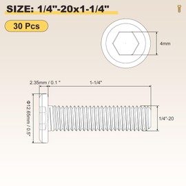 METALLIXITY Flat Head Hex Socket Cap Screws Bolts(1/4"-20x1-1/4") 30Pcs, 304 Stainless Steel Hex Socket Furniture Bolts Countersunk Screws - for Furniture Woodworking Project, Silver Tone