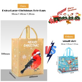 Christmas Tote Bags - 2 Pack Large Christmas Bags with Christmas Tree and Robin Handle Non-woven Fabric Gift Present Bag，ADQUATOR Xmas Shopping Bag for Holiday Party