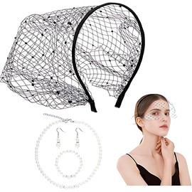 YTPAFK 4Pcs Black Veil, 1920s accessories for women Black Fascinators for Women, Fascinator Hat with Necklace Earrings, for Women, Wedding, Tea Party Accessories, Party Prom Holiday Hair Accessories