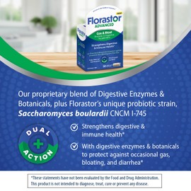 Florastor Advanced Gas and Bloat Probiotic, Digestive Enzymes and Botanicals, Plus Probiotics for Digestive Health, 30 Capsules