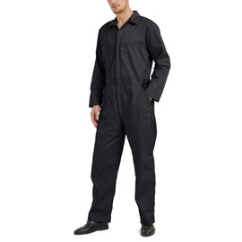 TopTie Men's Black Long Sleeve Work Coverall, Polyester/Cotton Zip-Front Coverall with Spacious Pockets