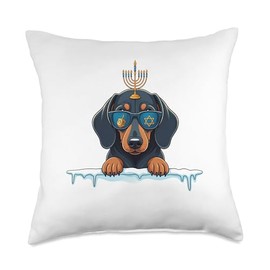 Dachshund Menorah Dreidel Jewish Hanukkah Womens Mens Kids Throw Pillow