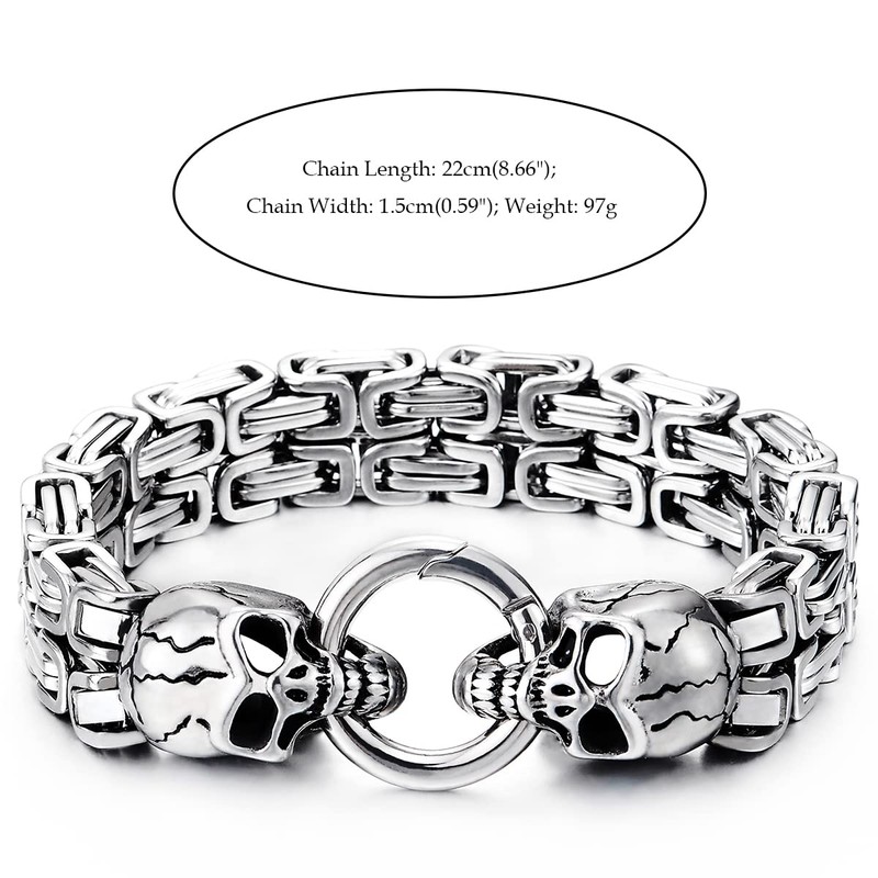Mens Stainless Steel Two-strand Braided Byzantine Chain Bracelet with Skulls