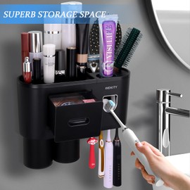 Wekity Multifunctional Wall-Mounted Toothbrush Holder, Automatic Toothpaste Dispenser Space Saving Toothbrush and Toothpaste Holder, with 2 Cups and Drawers Cosmetic Organizer (Black)
