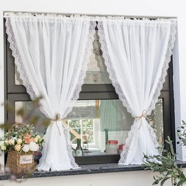 Yaland Linen Look Net Curtain with Delicate Lace Wave Edge Curtain in Kitchen, Living Room, Balcony, Country House Style, Rod Pocket, 1 Piece, White, H x W 160 x 80 cm