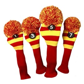 Majek Golf Club 1 3 5 7 Yellow and Red Limited Edition Driver and Fairway Wood Head Covers Fits 460cc Drivers Tour Knit Retro Vintage Pom Classic Long Neck Metal Longneck Woods Headcovers