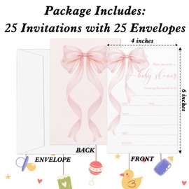 Gsauto Baby Shower Invitations for Girl, 25 Pink Bow Double-Sided Gender Reveal Invites with Envelopes, Bowknot Invitation Cards for Party Favor Decorations -A01