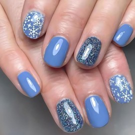 Christmas Blue Press on Nails Short Square Fake Nails with Snowflake Design Blue Glitter Stick on Nails Acrylic Nails Full Cover Glue on Nails Winter Xmas False Nails for Women Girls 24Pcs