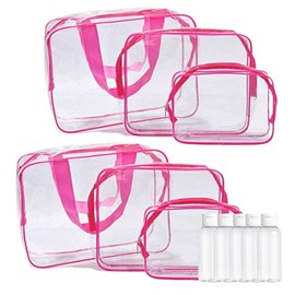 Clear Travel Toiletries Bag Set GLAMZA® Travel Toiletry Bag Set of 6 PVC Bags for Men & Women x2 Small, x2 Medium & x2 Large - Ideal Wash Bag Set for Makeup Plus x5 50ml Travel Bottles (Pink)